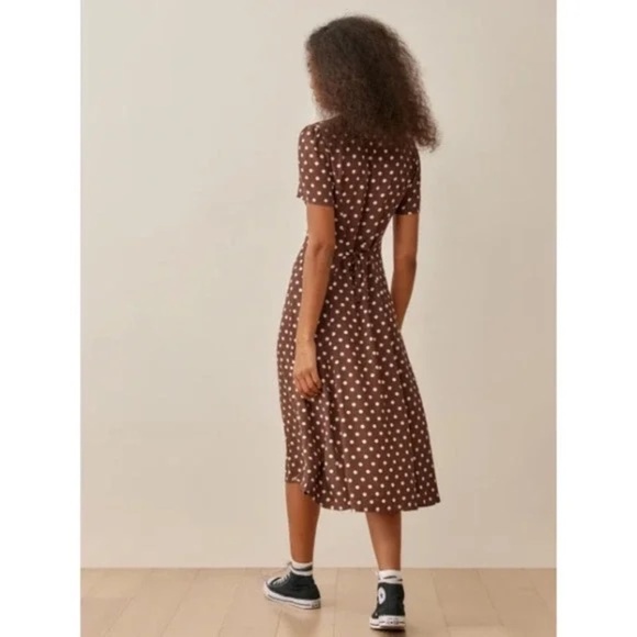 REFORMATION Locklin Dress Brown White Polka Dot Midi Au Lait Chocolate Dress 2 - Picture 9 of 15